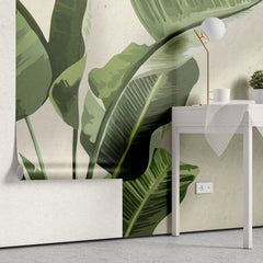 Tapet personalizat leaf cu frunze de bananier in stil digital artwork pe fundal granulat bej painted banana leaves