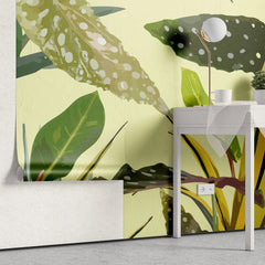Tapet personalizat leaf cu frunze de begonie alocasia snake plant si zz plant in tonuri de galben verzui yellow tinted