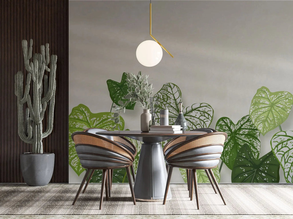 Tapet personalizat leaf cu frunde de caladium bicolor pe un fundal alb cu accente de lumina caladium bicolor
