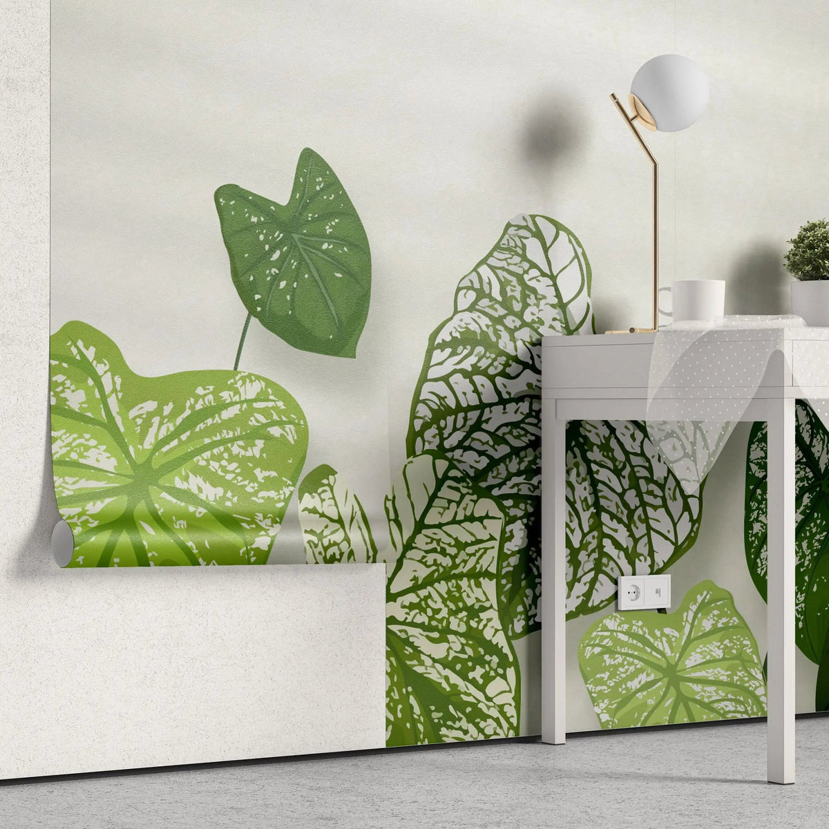Tapet personalizat leaf cu frunde de caladium bicolor pe un fundal alb cu accente de lumina caladium bicolor