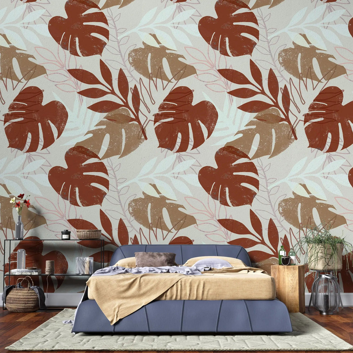 Tapet personalizat leaf cu frunze de monstera in tonuri maronii earthy monstera
