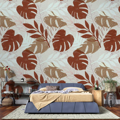 Tapet personalizat leaf cu frunze de monstera in tonuri maronii earthy monstera