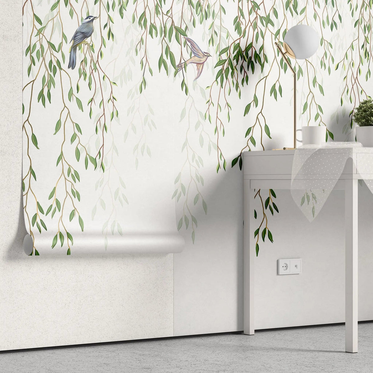 Tapet personalizat leaf cu ramuri de salcie si pasari colorate hummingbird
