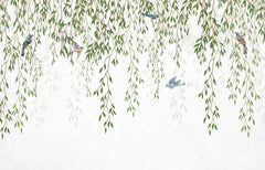 Tapet personalizat leaf cu ramuri de salcie si pasari colorate hummingbird