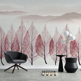 Tapet personalizat leaf cu munti si copaci pictati in forma de frunze rosiatice trees artwork