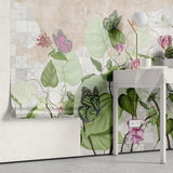 Tapet personalizat leaf cu plante salbatice verzi si fluturi pe un perete faiantat wild tile plants
