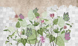 Tapet personalizat leaf cu plante salbatice verzi si fluturi pe un perete faiantat wild tile plants