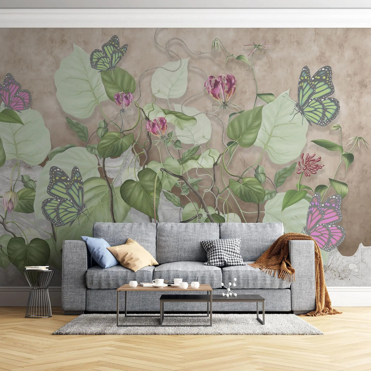 Tapet personalizat leaf cu frunze salbatice de philodendron si fluturi roz wild philodendron