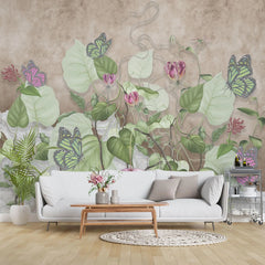 Tapet personalizat leaf cu frunze salbatice de philodendron si fluturi roz wild philodendron
