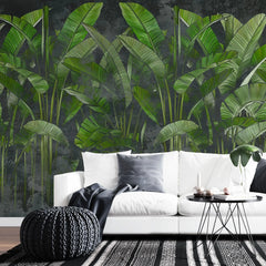 Tapet personalizat leaf cu frunze de bananier verzi intens pe un fundal negru green vibe dark