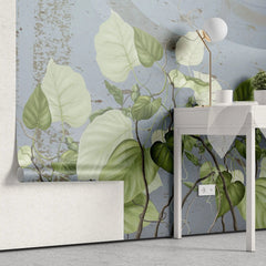 Tapet personalizat leaf cu frunze de philondendron rugosum pe fundal albastru blue wild philodendron