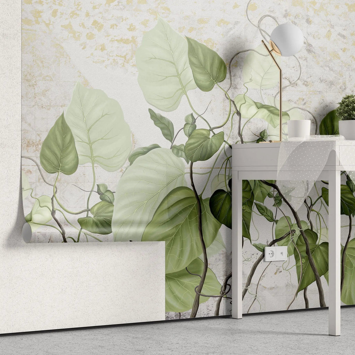 Tapet personalizat leaf cu frunze de philondendron rugosum pe fundal de gresie wild tile rugosum