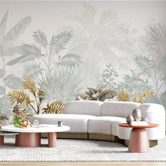 Tapet personalizat leaf cu frunze tropicale in nuante de verde salvie si auriu tropical sage&gold