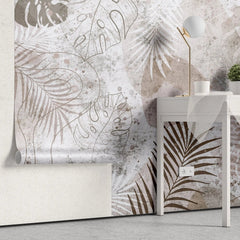 Tapet personalizat leaf cu frunze tropicale de monstera in stil grunge grunge monstera light