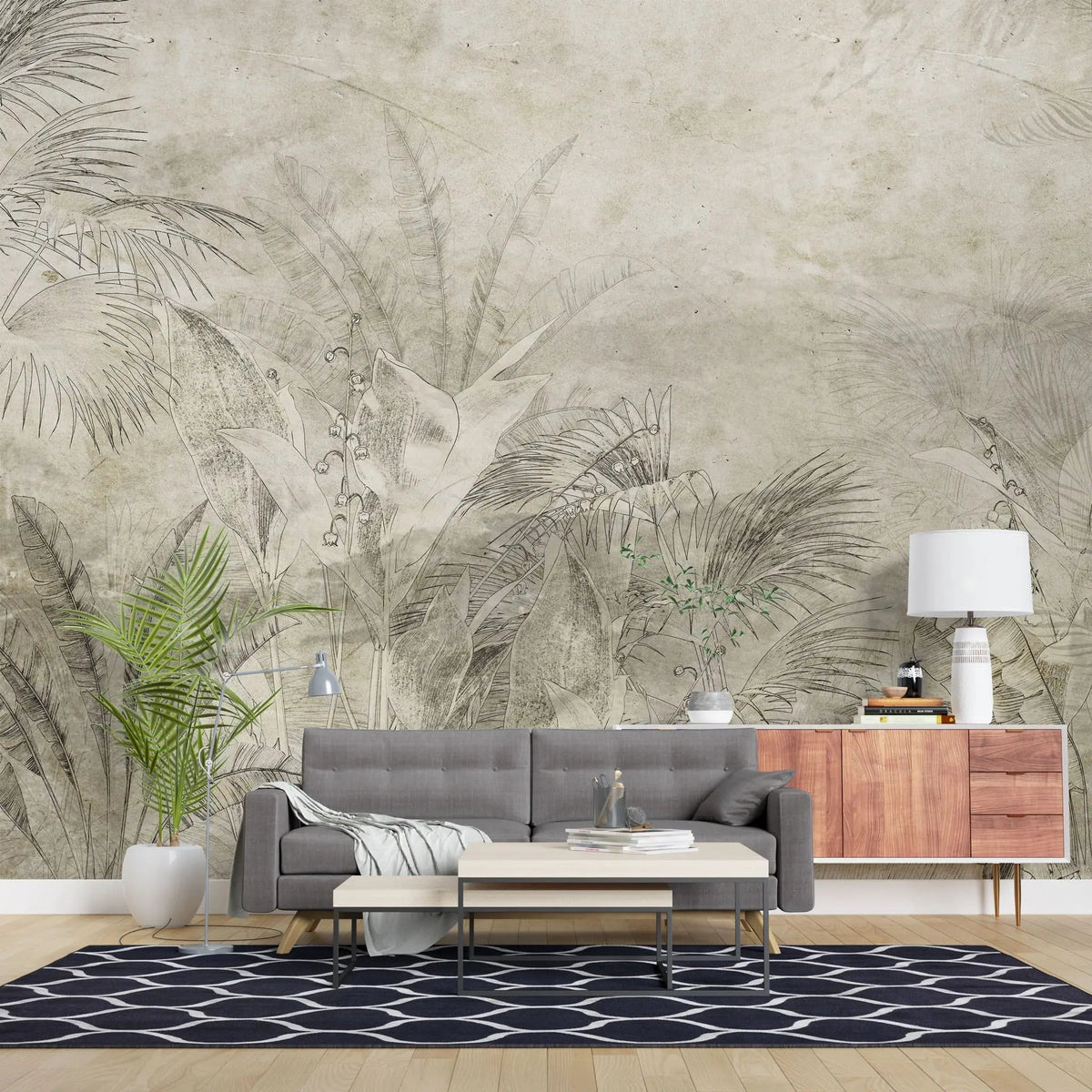 Tapet personalizat leaf cu frunze tropicale schitate pe un fundal vintage sketchy jungle