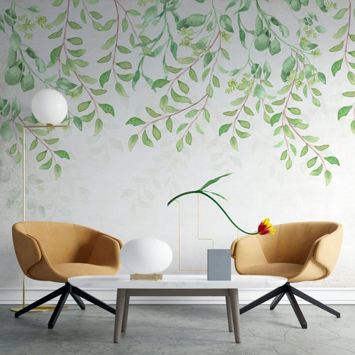 Tapet personalizat leaf cu frunze verzi in stil watercolor pe fundal alb baby leaves