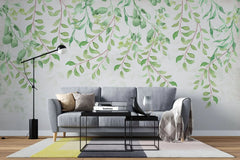 Tapet personalizat leaf cu frunze verzi in stil watercolor pe fundal alb baby leaves