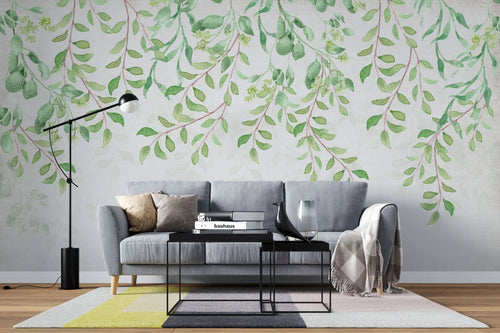 Tapet personalizat leaf cu frunze verzi in stil watercolor pe fundal alb baby leaves
