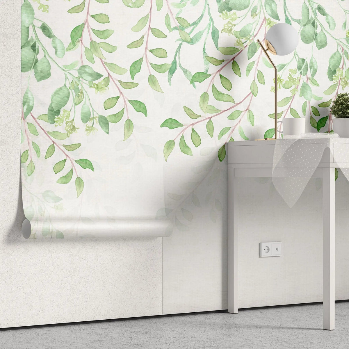 Tapet personalizat leaf cu frunze verzi in stil watercolor pe fundal alb baby leaves
