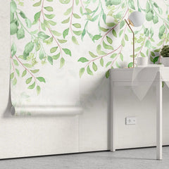 Tapet personalizat leaf cu frunze verzi in stil watercolor pe fundal alb baby leaves