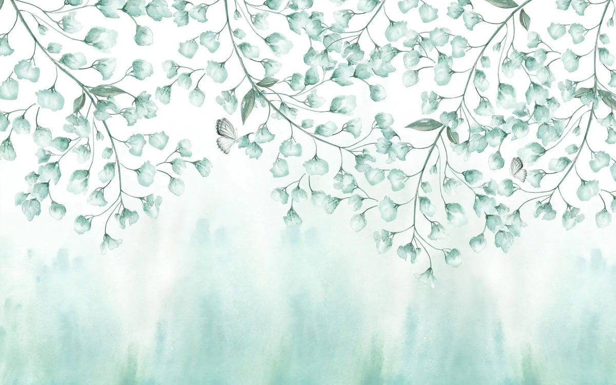 Tapet personalizat leaf cu frunze si fluturi verzi albastrui teal leaves&butterflies