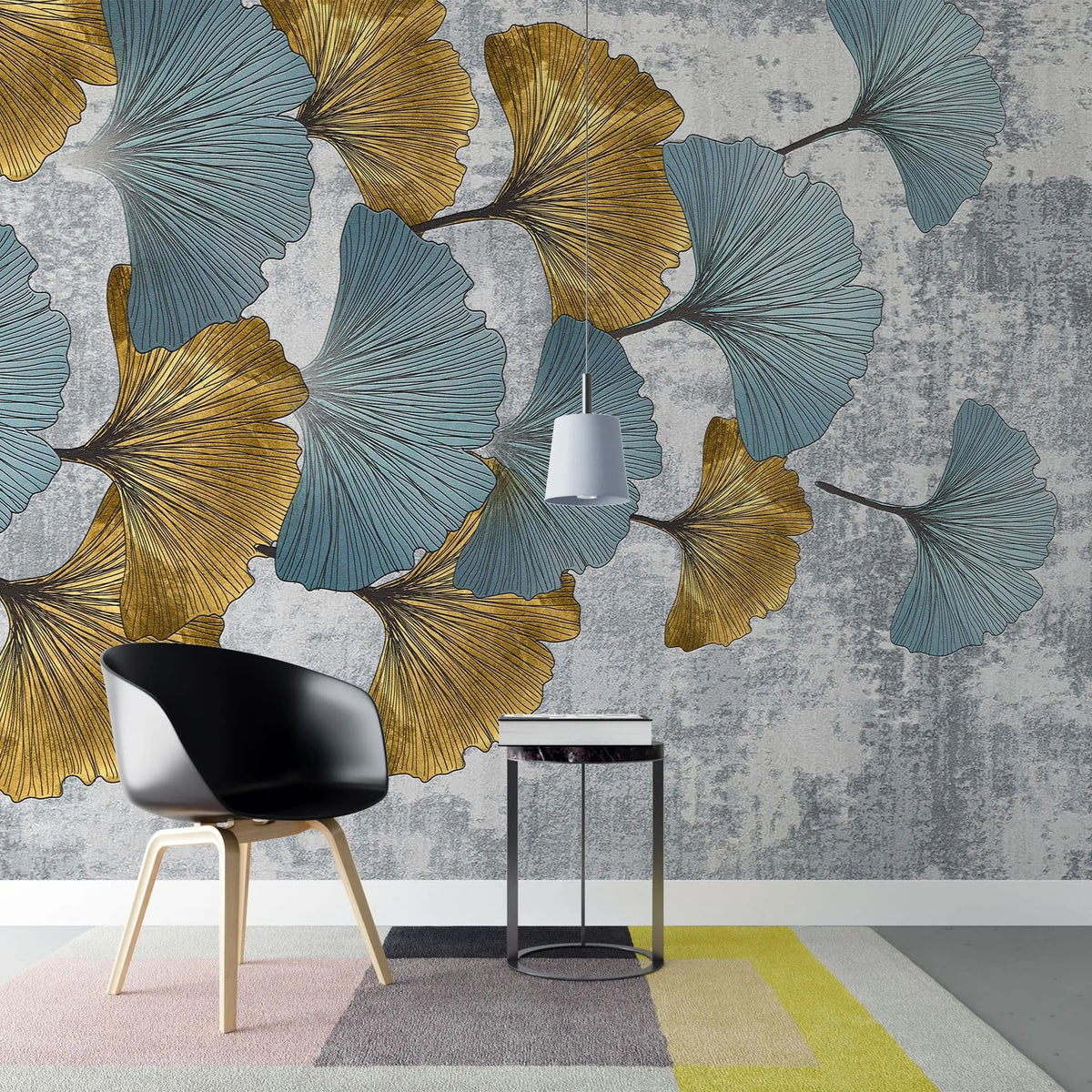 Tapet personalizat leaf cu frunze de ginko biloba in nuante de albastru si auriu golden blue ginko