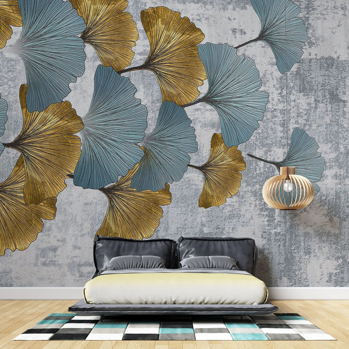 Tapet personalizat leaf cu frunze de ginko biloba in nuante de albastru si auriu golden blue ginko