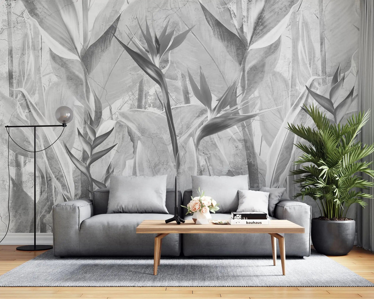 Tapet personalizat leaf cu planta paradisului in nuante de gri grey bird's paradise
