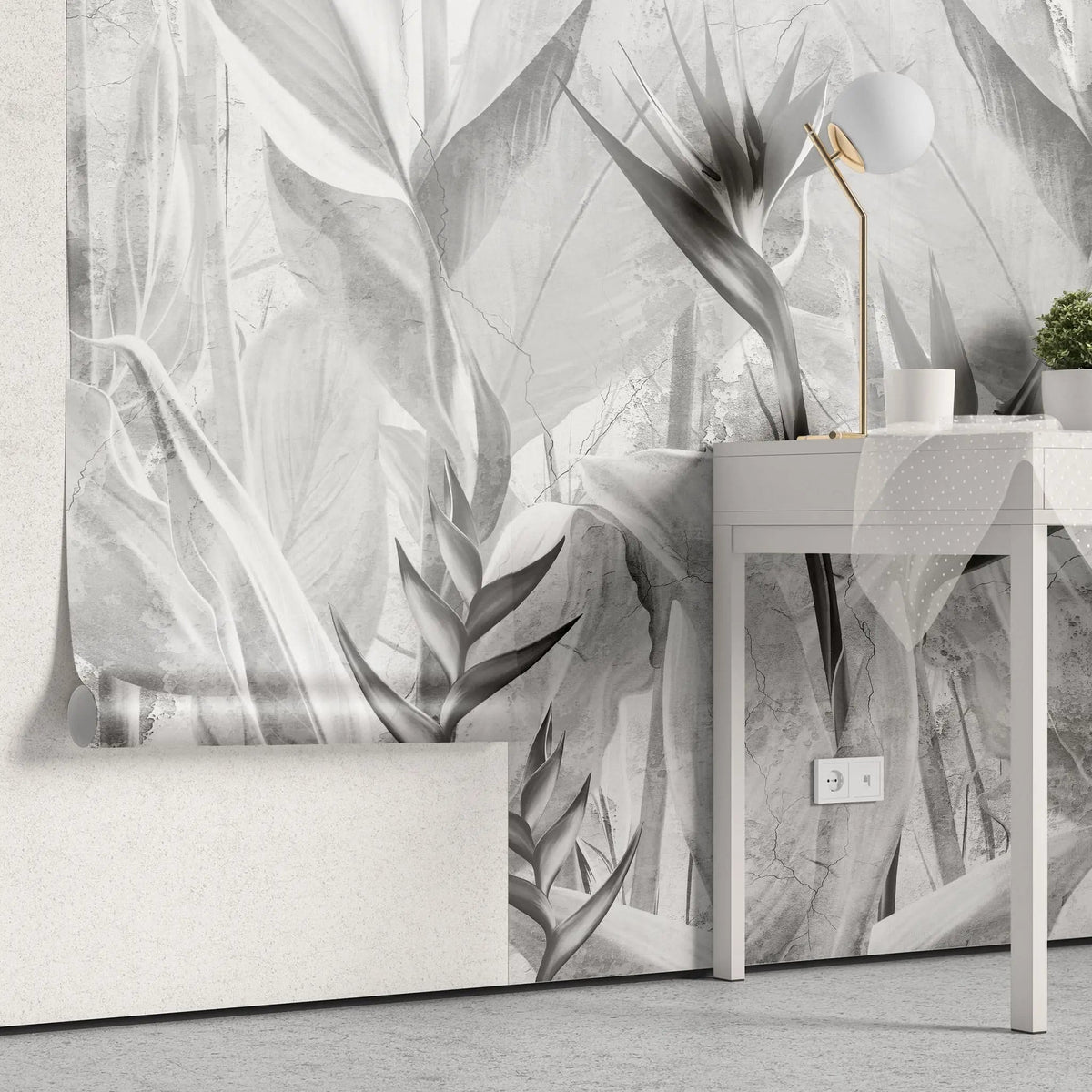 Tapet personalizat leaf cu planta paradisului in nuante de gri grey bird's paradise