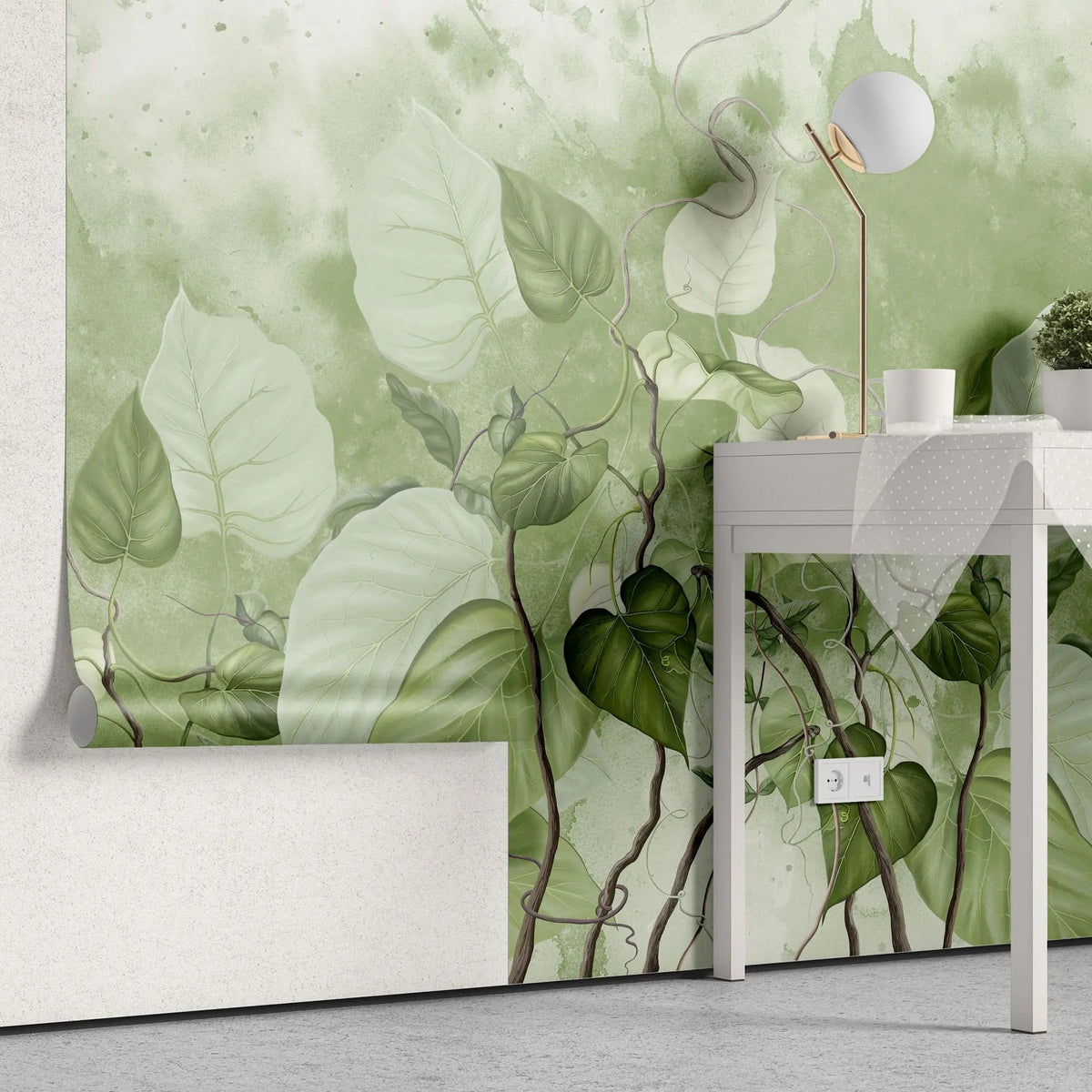 Tapet personalizat leaf cu frunze de philondendron rugosum pe fundal verde in stil watercolor green philodendron rugosum