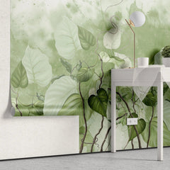 Tapet personalizat leaf cu frunze de philondendron rugosum pe fundal verde in stil watercolor green philodendron rugosum