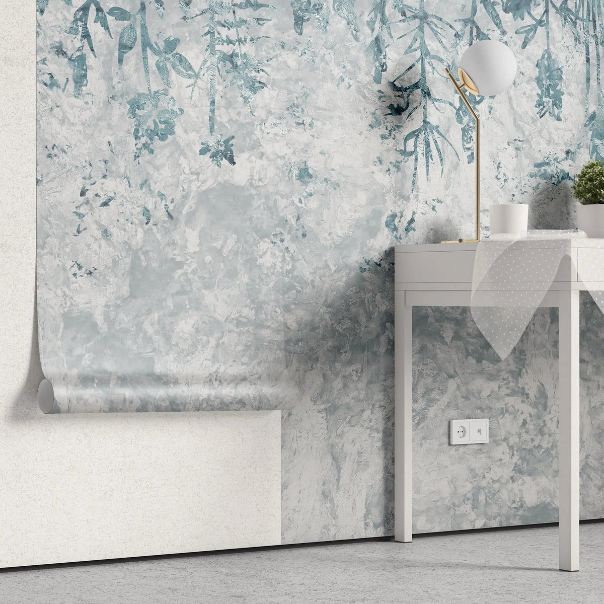 Tapet personalizat leaf cu frunze albastre pe un fundal de beton concrete wild blue