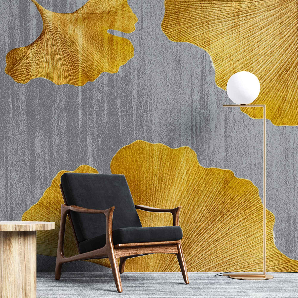 Tapet personalizat leaf cu frunze galbene de ginkgo biloba pe un fundal gri texturat fall ginkgo leaf