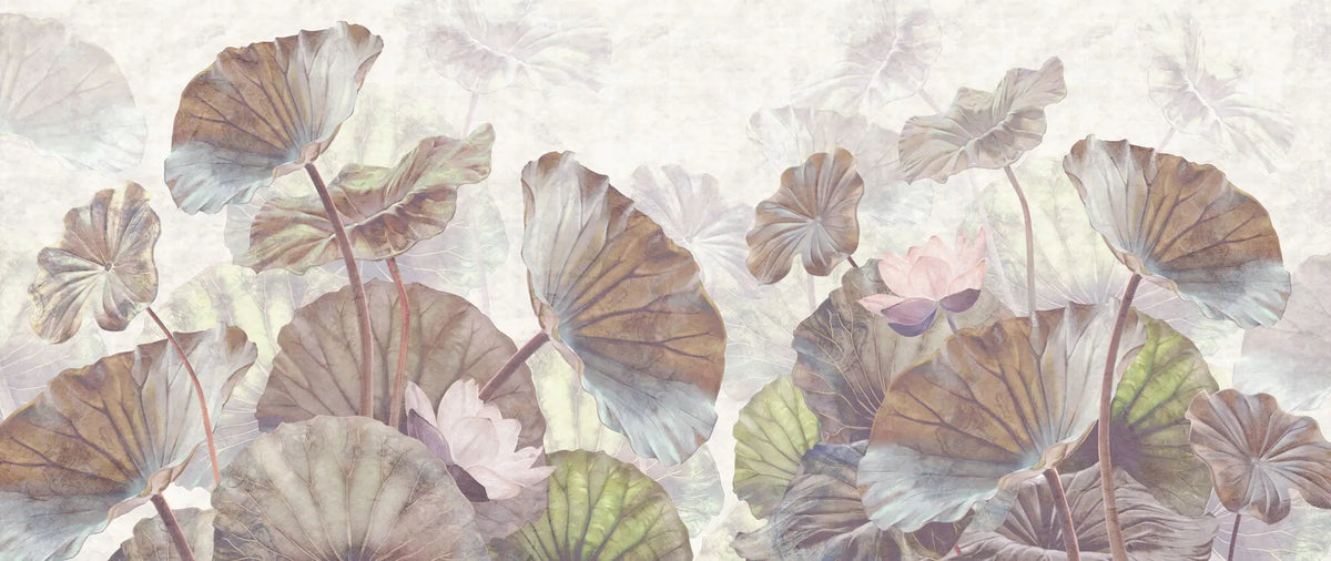 Tapet personalizat leaf cu frunze maro si flori de lotus roz pe un fundal alb deschis brown lotus
