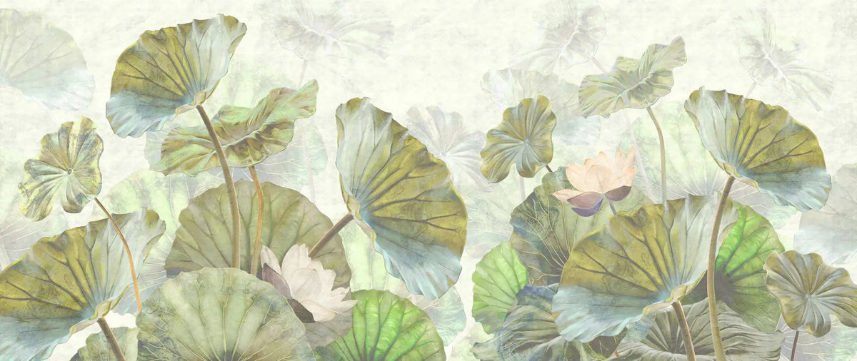 Tapet personalizat leaf cu frunze verde aprins si flori de lotus roz pe un fundal verde deshis menta bright green lotus