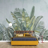 Tapet personalizat leaf cu frunze tropicale exotice in nuante de verde pe un fundal verde menta exotic green leaves
