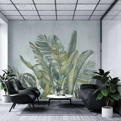 Tapet personalizat leaf cu frunze tropicale exotice in nuante de verde pe un fundal verde menta exotic green leaves