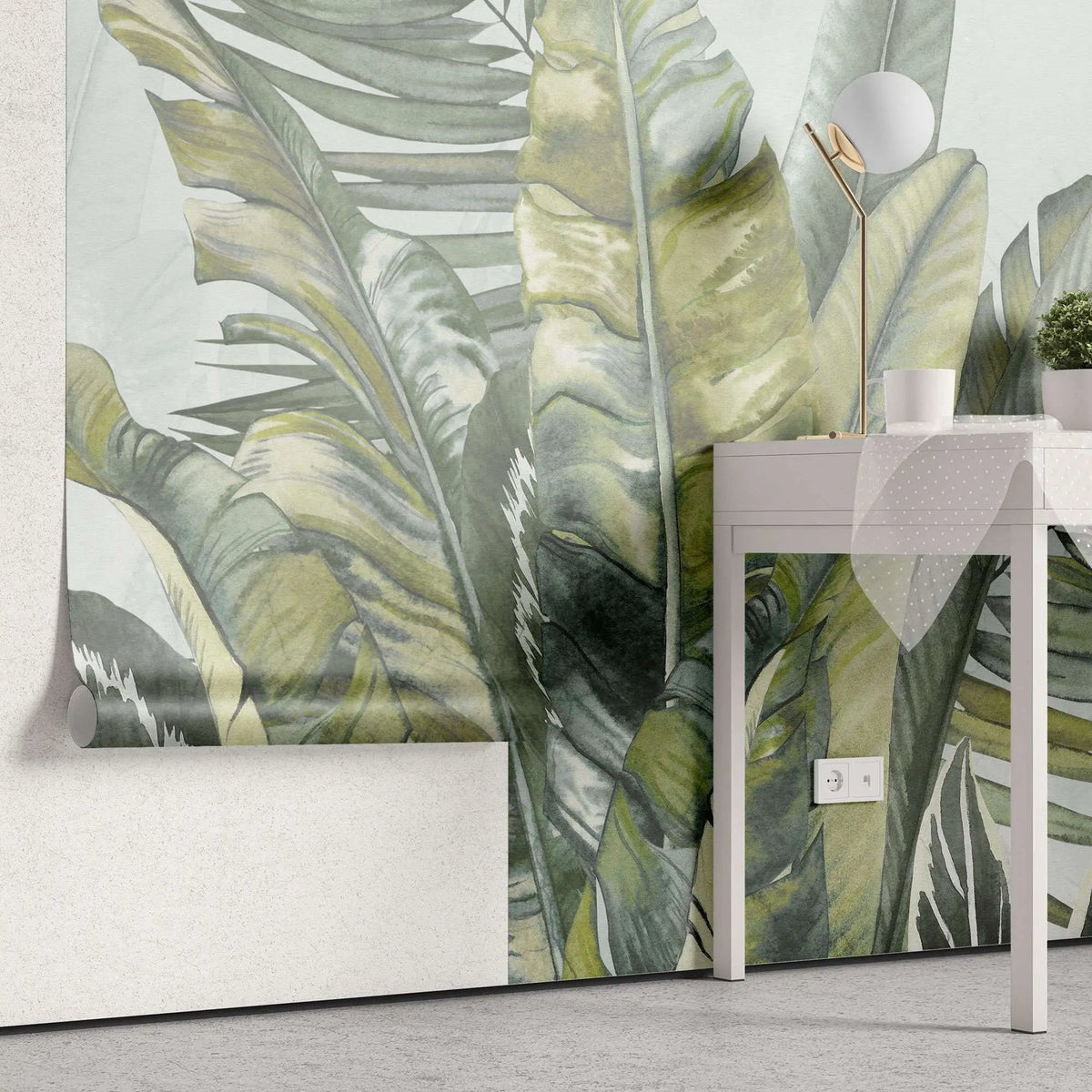 Tapet personalizat leaf cu frunze tropicale exotice in nuante de verde pe un fundal verde menta exotic green leaves
