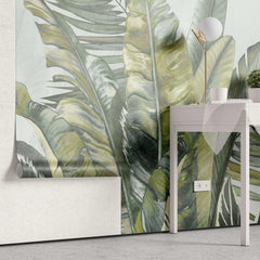 Tapet personalizat leaf cu frunze tropicale exotice in nuante de verde pe un fundal verde menta exotic green leaves