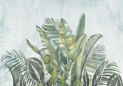 Tapet personalizat leaf cu frunze tropicale exotice in nuante de verde pe un fundal verde menta exotic green leaves
