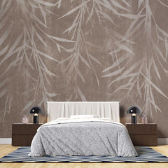 Tapet personalizat leaf cu frunze de bambus bej deschis pe un fundal maro cu textura de perete brown bamboo