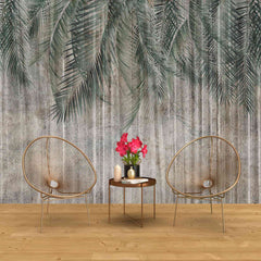 Tapet personalizat leaf cu frunze de palmier in nuante de verde pe un fundal inchis de perete texturat palm green