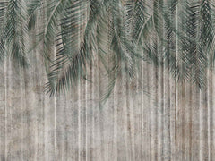 Tapet personalizat leaf cu frunze de palmier in nuante de verde pe un fundal inchis de perete texturat palm green