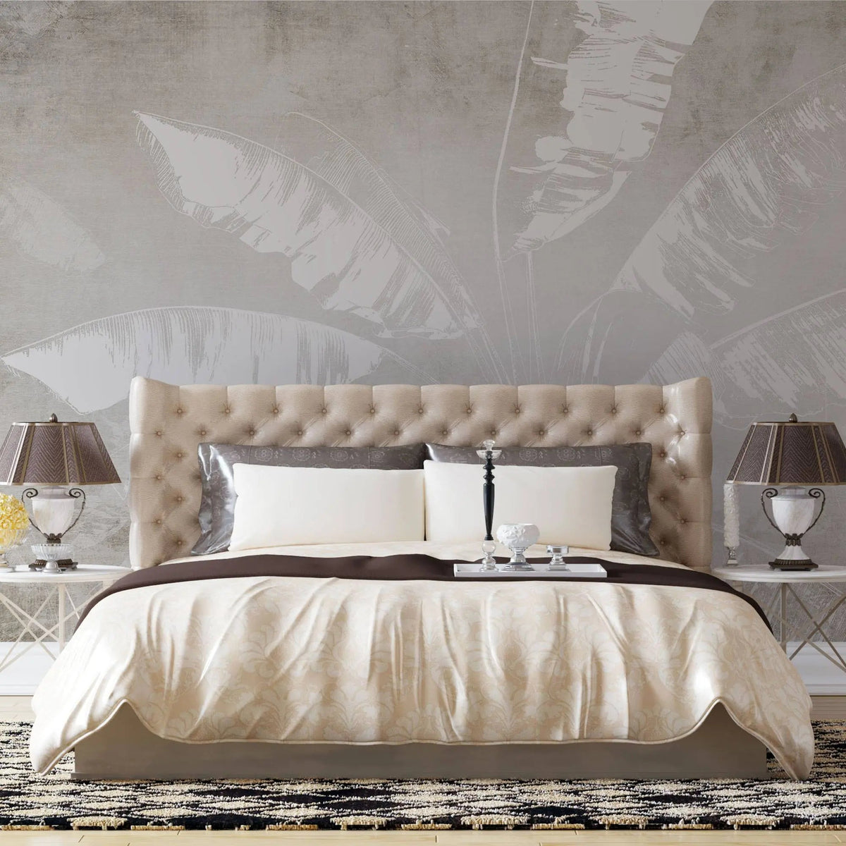 Tapet personalizat leaf cu frunze de bananier albe pe un fundal bej minimalist white banana leaves
