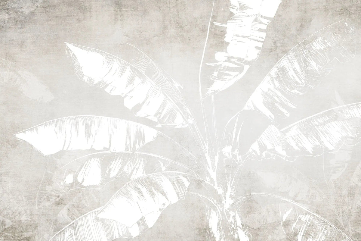 Tapet personalizat leaf cu frunze de bananier albe pe un fundal bej minimalist white banana leaves