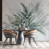 Tapet personalizat leaf cu copac tropical cu frunze in nuante de verde pe un fundal gri deschis dreamy tropical tree
