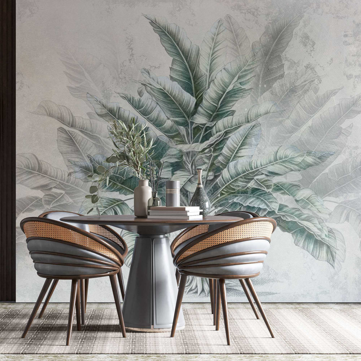 Tapet personalizat leaf cu copac tropical cu frunze in nuante de verde pe un fundal gri deschis dreamy tropical tree