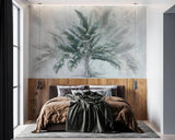 Tapet personalizat leaf cu copac tropical cu frunze in nuante de verde pe un fundal gri deschis dreamy tropical tree