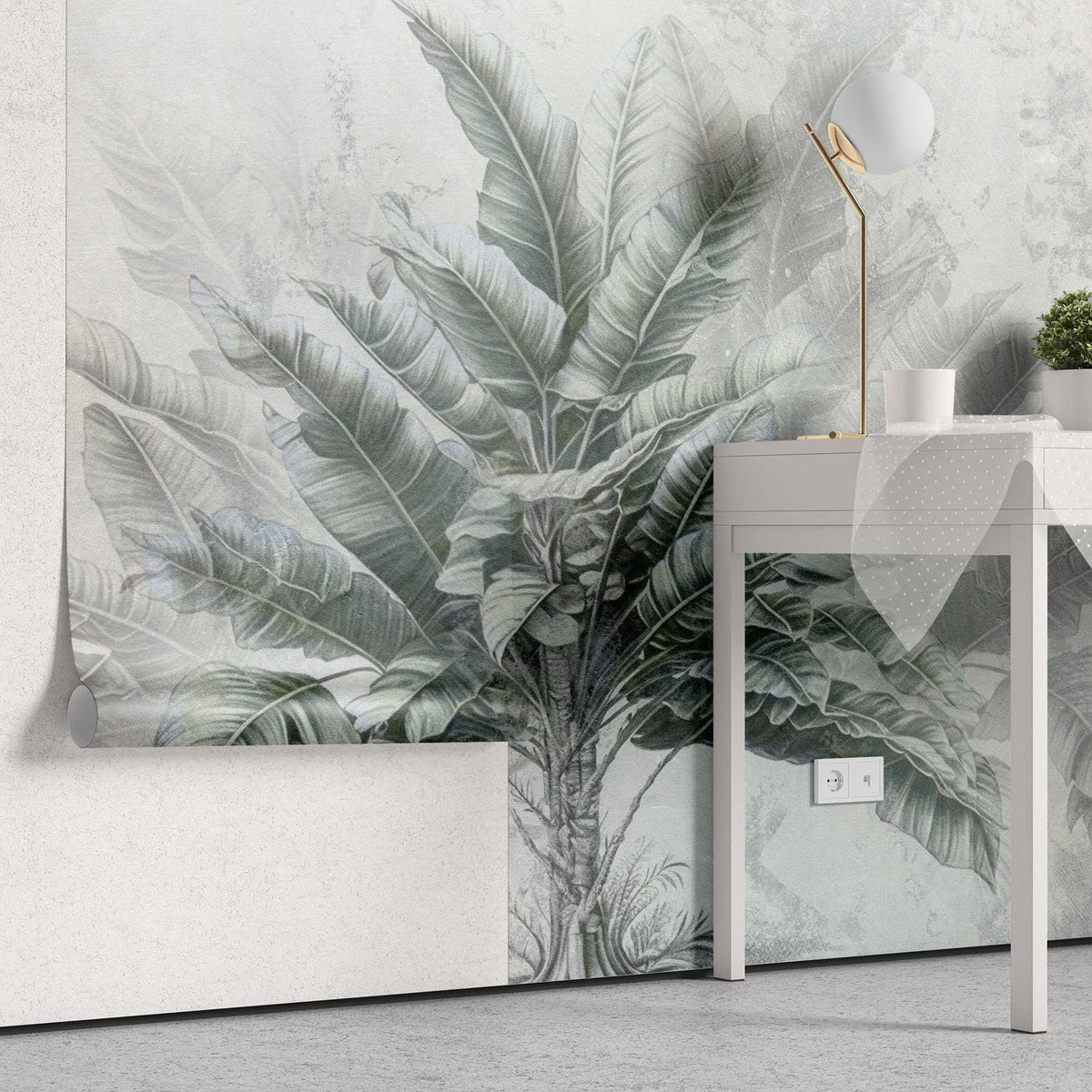 Tapet personalizat leaf cu copac tropical cu frunze in nuante de verde pe un fundal gri deschis dreamy tropical tree