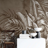 Tapet personalizat leaf cu frunze tropicale exotice in nuante inchise de maro sepia dark sepia leaves